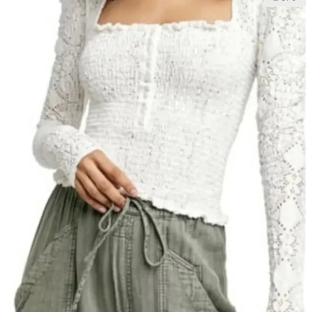 Free People Crochet lace smocked Long Sleeve Low Cut top Cottagecore Prairie Nwt